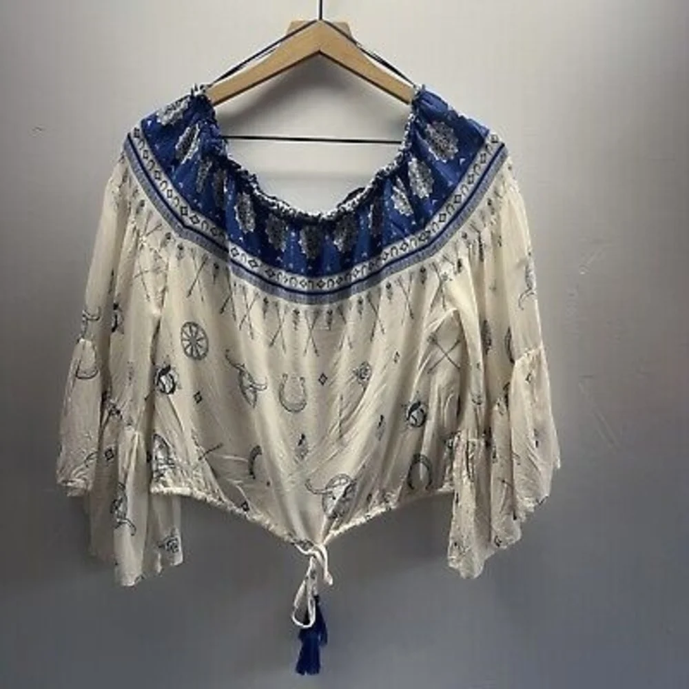 Surf Gypsy Blue and White Bell Sleeve Crop Top - Picture 1 of 3